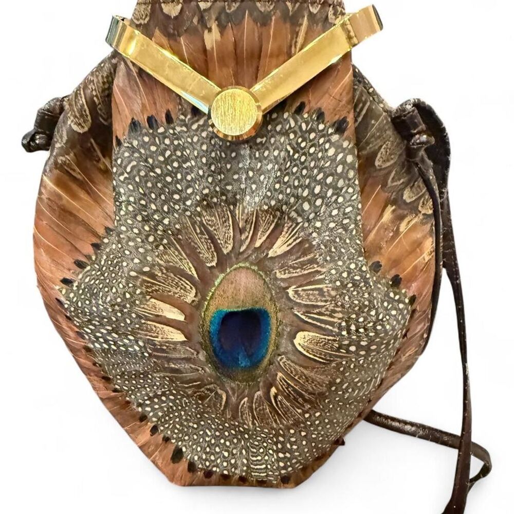 Vintage brown peacock feather handbag/crossbody bag with gold hardware